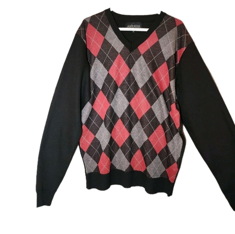 Vintage Silver Needle Argyle V Neck Long Sleeve Sweater Men XL Golf Preppy
